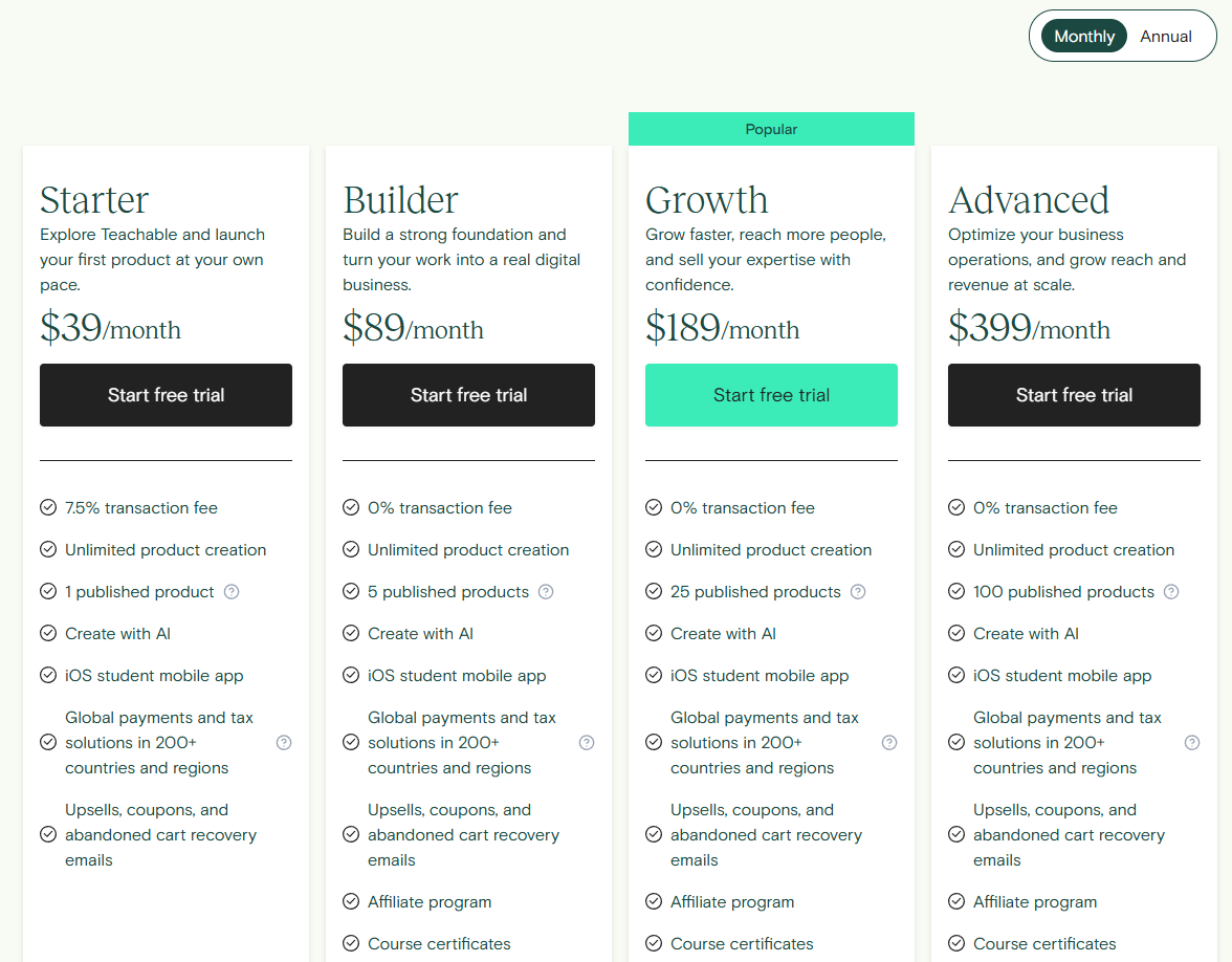 teachable pricing plan changes