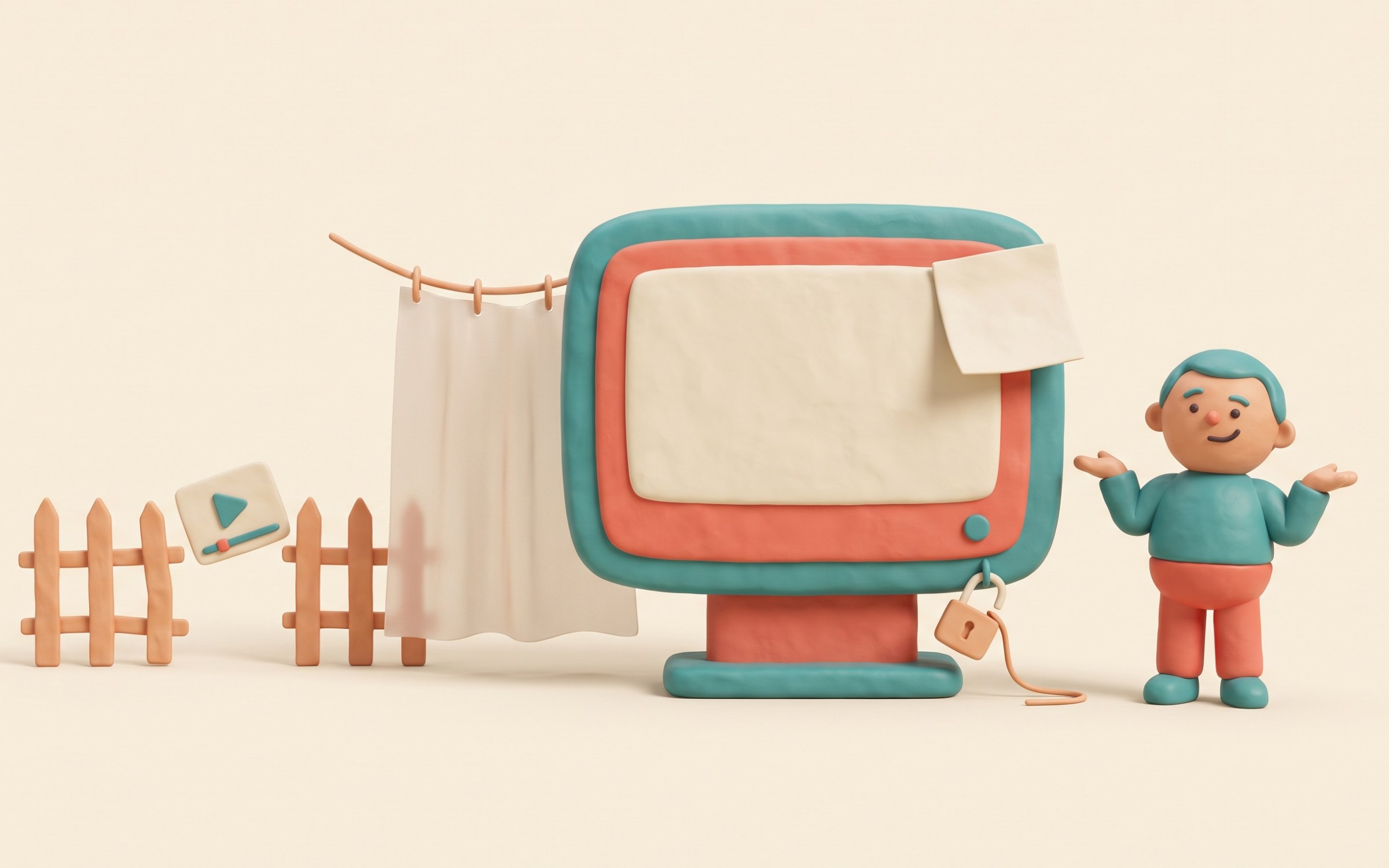 Character next to an open fence and shower curtain.