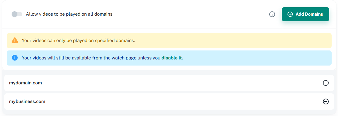 Spotlightr's allowed domains setting, limiting playback to three domains