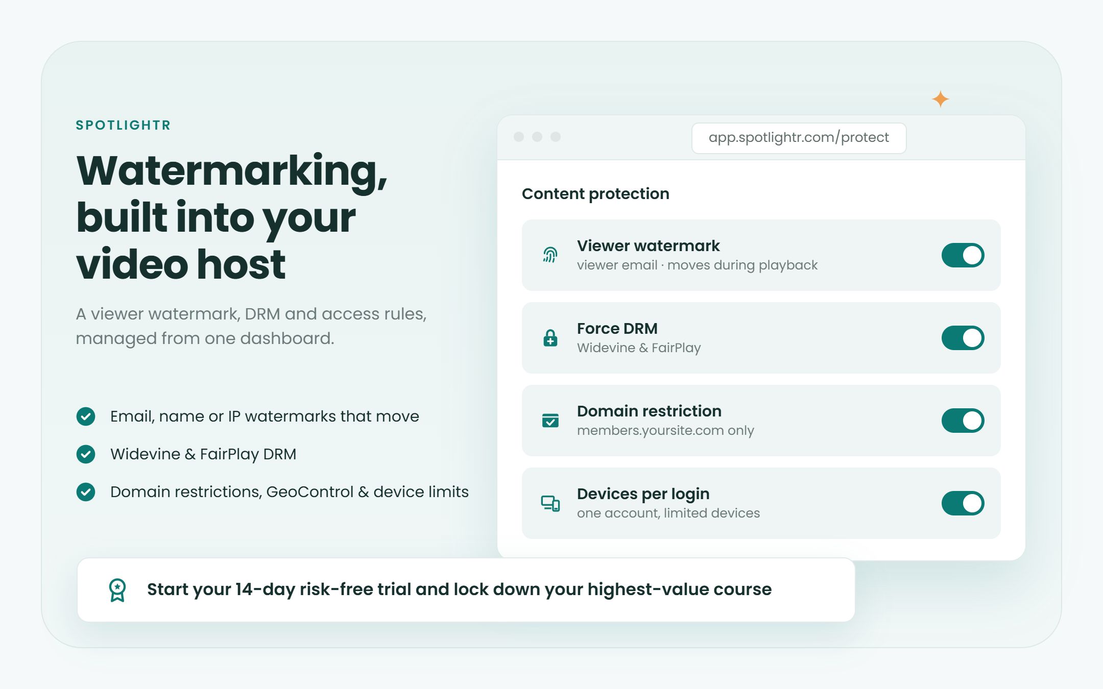 Spotlightr's content protection settings: viewer watermark, Force DRM, domain restriction and devices per login