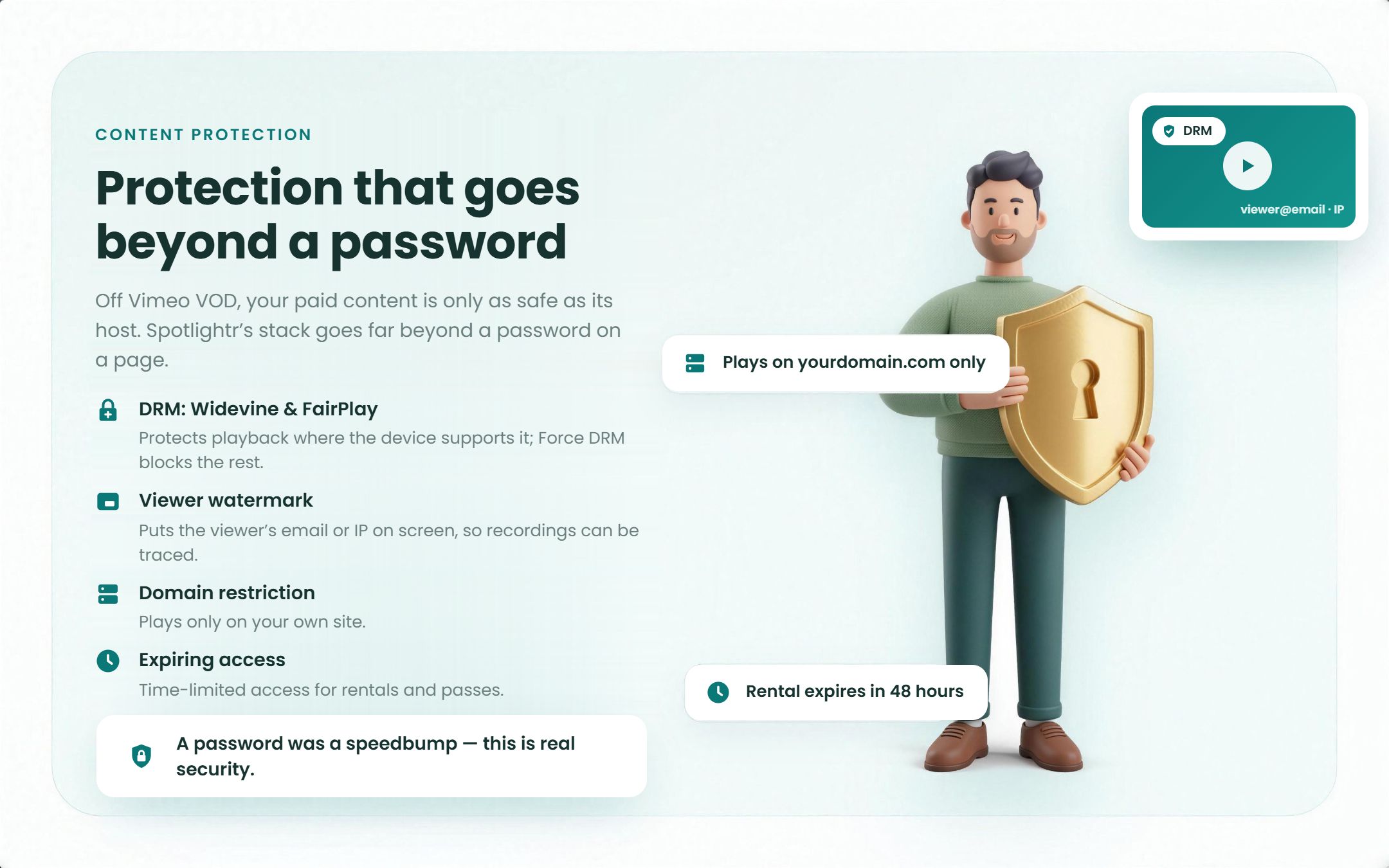 Spotlightr's content protection: DRM, domain restriction and a viewer watermark